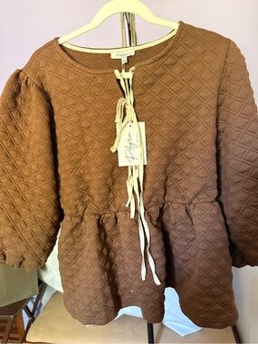 Pilgrim Brown Quilted Peplum Dress with Tie Detail